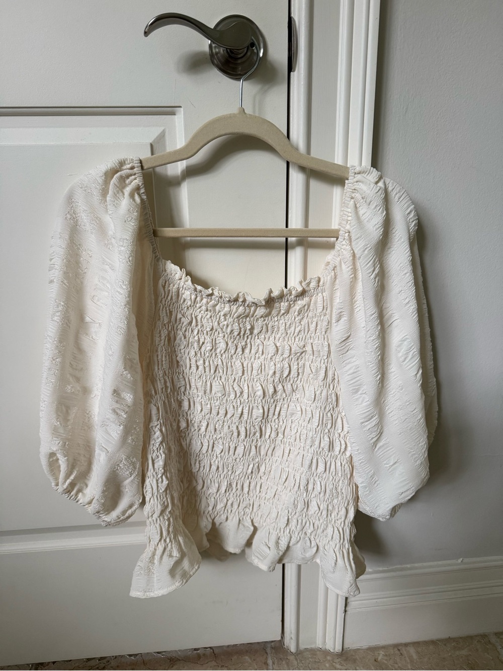 Smocked Puff-Sleeve Blouse in Cream